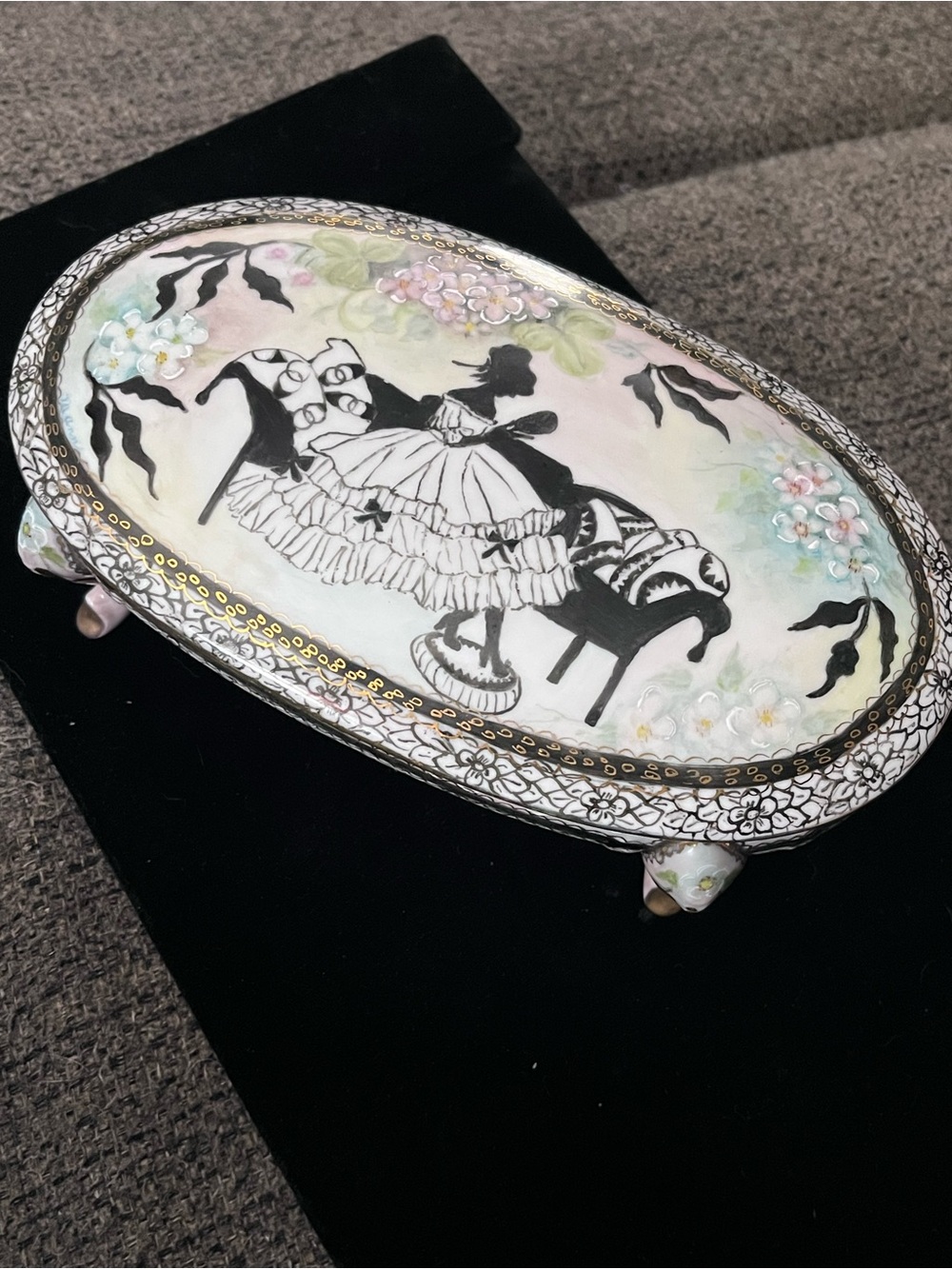 Vintage Crinoline Lady Hand Painted Porcelain Dresser Box
